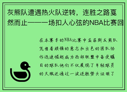 灰熊队遭遇热火队逆转，连胜之路戛然而止——一场扣人心弦的NBA比赛回顾