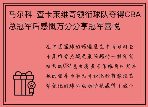 马尔科-查卡莱维奇领衔球队夺得CBA总冠军后感慨万分分享冠军喜悦