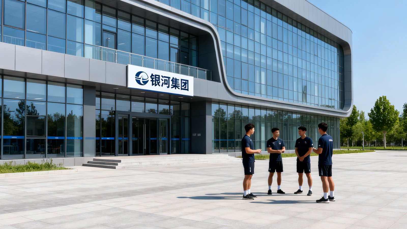 银河集团北京总部训练基地外景，一座三层现代化建筑，外墙采用玻璃与金属材质结合设计，入口处悬挂银河集团标识牌，门前宽阔的广场上几位教练正在交流