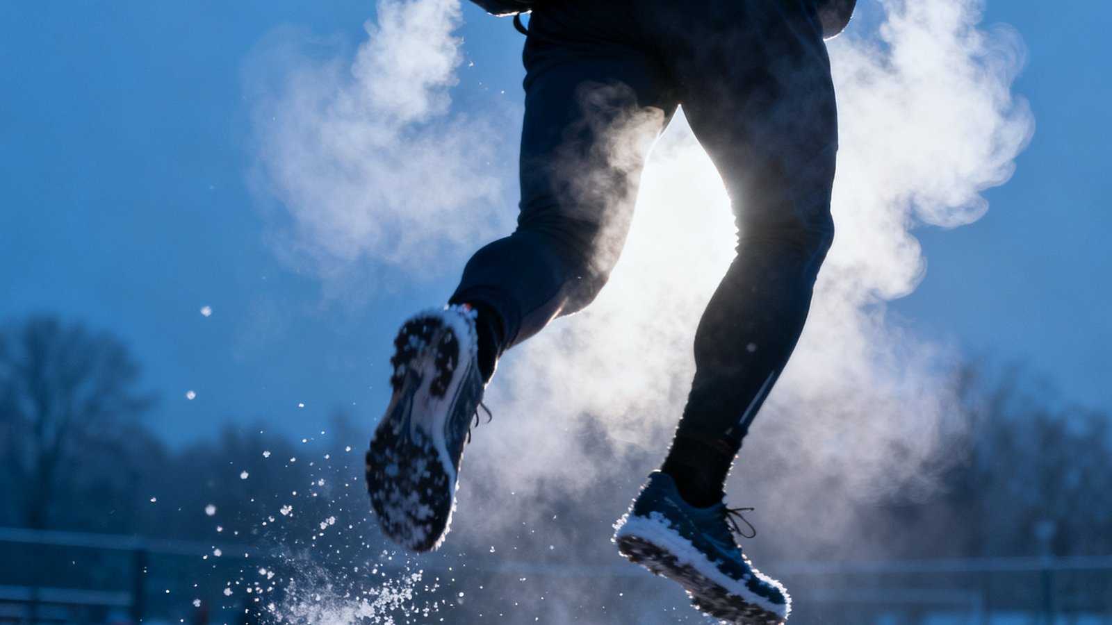 冬季清晨的户外训练场上，一位运动员正在进行负重雪地跑训练，呼出的白气在冷空气中凝结，地面覆盖薄雪