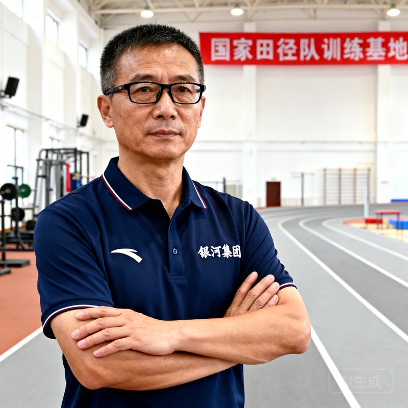 陈远征教练，45岁，前国家田径队体能教练，短发戴眼镜，穿着银河集团教练制服，双手交叉胸前，表情沉稳专业，背景为训练场馆