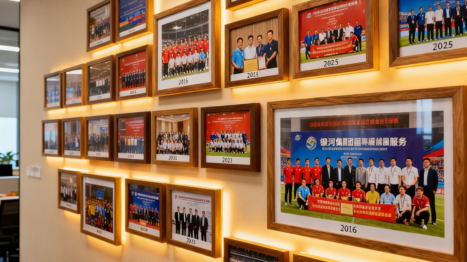 银河集团办公室墙上展示的历年团队合影与重要赛事服务纪念照片，相框错落有致地排列，记录着从2016年到2025年的发展足迹